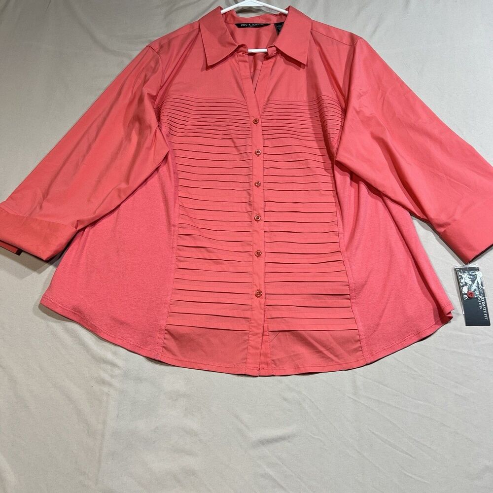 Zac & Rachel Woman 3X Blouse Top Coral Pink Red Pleated Front 3/4 Sleeve NWT